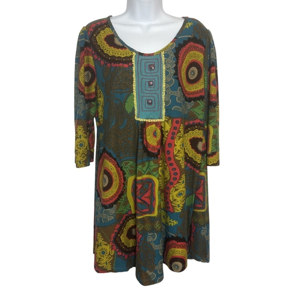 Fusion Beats Womens Large Dress All Over Print‎ Colorful Boho Hippie Artsy
